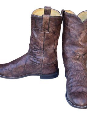Justin Cowboy Boots Vintage Western Brown Leather Mens 11 D Marbled Chestnut